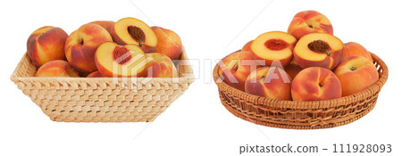 Ripe peach fruit with half in a wicker basket isolated on white background with full depth of field Ripe peach fruit with half in a wicker basket isolated on white background with full depth of field 111928093