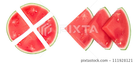 Red seedless watermelon slices isolated on white background. Top view. Flat lay 111928121