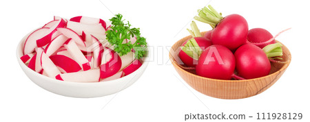 Radish slices in ceramic bowl isolated on white background with full depth of field 111928129