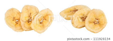 Dried banana chips isolated on white background with full depth of field. Top view. Flat lay 111928134