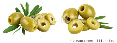 Green olives with leaves isolated on a white background with full depth of field. Green olives with leaves isolated on a white background with full depth of field. 111928139