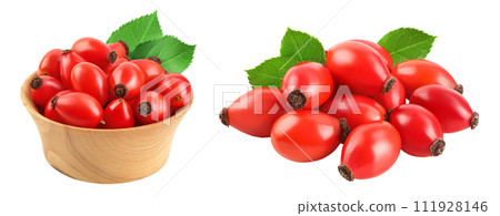 Rose hip in wooden bowl isolated on a white background with full depth of field 111928146