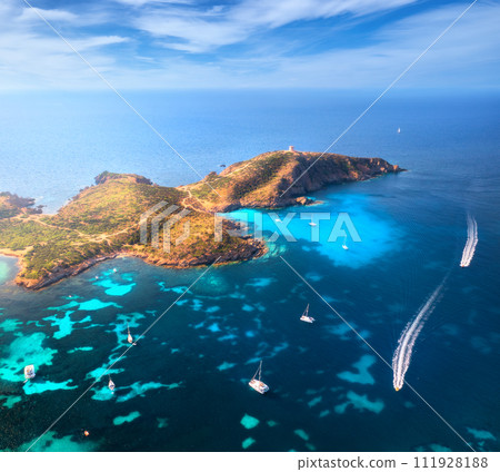 Aerial view of island, sea bay with clear azure water, boats 111928188