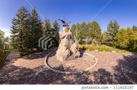 Karakol Issyk Kul Kyrgyzstan - September 19, 2023: Aerial top view to Monument Nikolay Przhevalsky and Tomb near Museum. He was first famous explorer of Central Asia, Russian geographer and naturalist 111928197