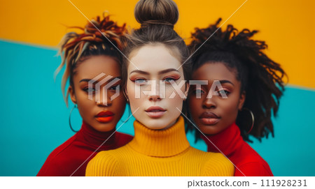 AI-generated content. Close-up portrait of three diverse young women with stylish haircuts. Charming models with different skin and hair colors. Stylist and hairdresser concept. Beauty and diversity. AI-generated content. Close-up portrait of three diverse young women with stylish haircuts. Charming models with different skin and hair colors. Stylist and hairdresser concept. Beauty and diversity. 111928231