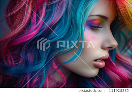AI-generated content. Close-up portrait of beautiful young Caucasian woman with long wavy hair dyed in different neon colors. Charming female model with perfect makeup and multi-color hairstyle AI-generated content. Close-up portrait of beautiful young Caucasian woman with long wavy hair dyed in different neon colors. Charming female model with perfect makeup and multi-color hairstyle 111928285