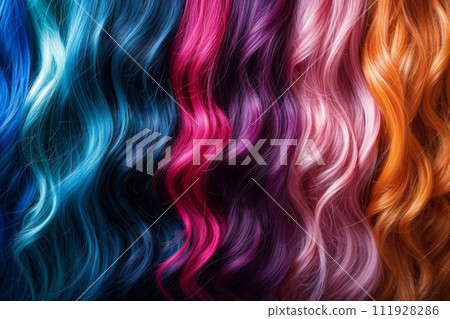 AI-generated content. Close-up view of long wavy strands of hair dyed in different neon colors. Stylist and hairdresser concept. Beauty and diversity. Creative colorful background. AI-generated content. Close-up view of long wavy strands of hair dyed in different neon colors. Stylist and hairdresser concept. Beauty and diversity. Creative colorful background. 111928286