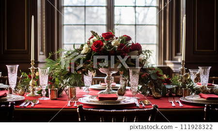 Christmas at the manor, holiday tablescape and dinner table setting, English countryside decoration and interior decor 111928322