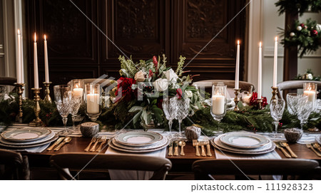 Christmas at the manor, holiday tablescape and dinner table setting, English countryside decoration and interior decor Christmas at the manor, holiday tablescape and dinner table setting, English countryside decoration and interior decor 111928323