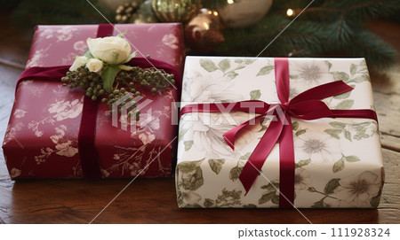 Christmas gift wrapping idea for boxing day and winter holidays in the English countryside tradition Christmas gift wrapping idea for boxing day and winter holidays in the English countryside tradition 111928324