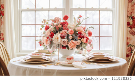 Table decor for festive family dinner at home, holiday tablescape and table setting, formal for wedding, celebration, English country and home styling 111928325