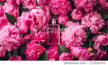 Perfume bottle in flowers, fragrance on blooming background, floral scent and cosmetic product 111928345