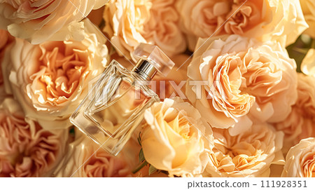 Perfume bottle in flowers, fragrance on blooming background, floral scent and cosmetic product Perfume bottle in flowers, fragrance on blooming background, floral scent and cosmetic product 111928351