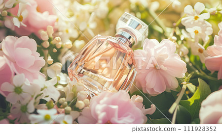 Perfume bottle in flowers, fragrance on blooming background, floral scent and cosmetic product Perfume bottle in flowers, fragrance on blooming background, floral scent and cosmetic product 111928352