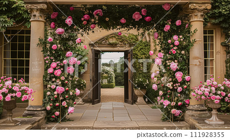Wedding decoration with peonies, floral decor and event celebration, peony flowers and wedding ceremony in the garden, English country style Wedding decoration with peonies, floral decor and event celebration, peony flowers and wedding ceremony in the garden, English country style 111928355