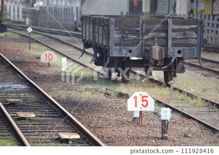 Local line/railway signs and wooden freight cars 111928416