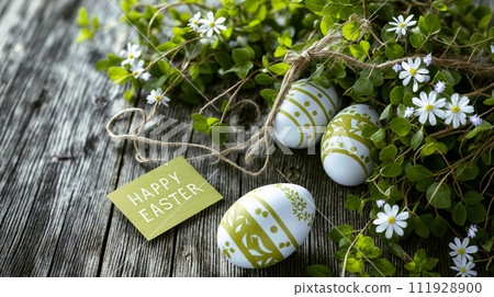 AI-generated content. painted easter eggs and flowers on a rustic wooden background, embodying the joy of spring AI-generated content. painted easter eggs and flowers on a rustic wooden background, embodying the joy of spring 111928900
