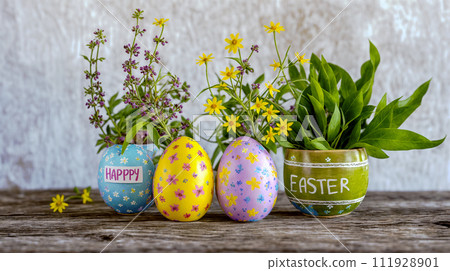 AI-generated content. Colorful Easter Eggs and Fresh Spring Florals Display AI-generated content. Colorful Easter Eggs and Fresh Spring Florals Display 111928901