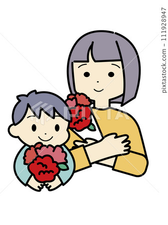 Mother's Day: A boy gives a carnation to his mother 111928947