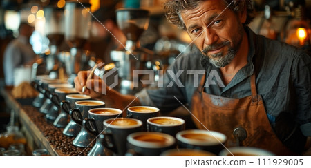 AI-generated content. Coffee Shop Bar Counter Cafe Restaurant Relaxation Concept. People doing workshop in cozy coffee shop art. 111929005