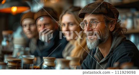 AI-generated content. Group people leaning and education workshop for classes barista coffee in cafe room. Preparing teacher meeting and training service about hospitality and make coffee. Education 111929098