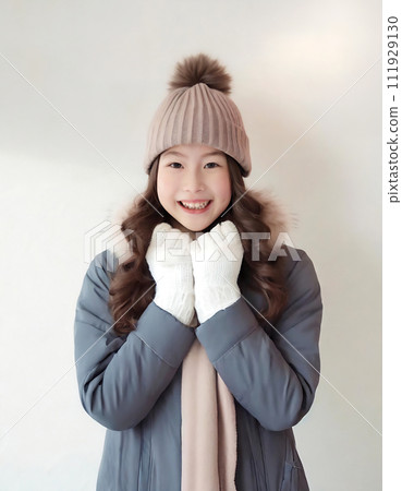 AI-generated image of a smiling girl wearing warm winter clothes 111929130