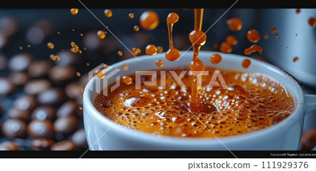 AI-generated content. Close up Flow of coffee drink splashing background 111929376