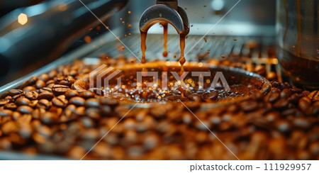 AI-generated content. Close-up of espresso pouring from coffee machine. Professional coffee brewing. 111929957