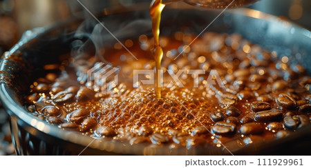 AI-generated content. Close-up of espresso pouring from coffee machine. Professional coffee brewing. 111929961