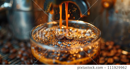 AI-generated content. Close-up of espresso pouring from coffee machine. Professional coffee brewing. 111929962