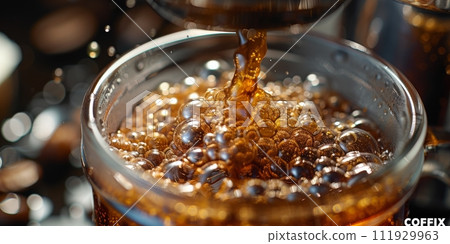 AI-generated content. Close-up of espresso pouring from coffee machine. Professional coffee brewing. 111929963