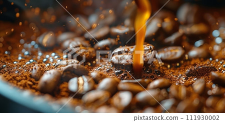 AI-generated content. Close-up of espresso pouring from coffee machine. Professional coffee brewing. AI-generated content. Close-up of espresso pouring from coffee machine. Professional coffee brewing. 111930002