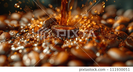 AI-generated content. Close-up of espresso pouring from coffee machine. Professional coffee brewing. AI-generated content. Close-up of espresso pouring from coffee machine. Professional coffee brewing. 111930051