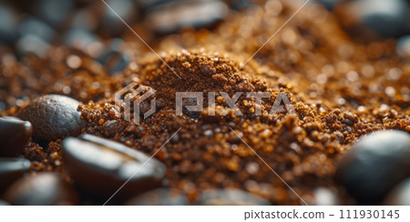 AI-generated content. Roasted coffee beans and ground coffee on dark background. Copy space AI-generated content. Roasted coffee beans and ground coffee on dark background. Copy space 111930145