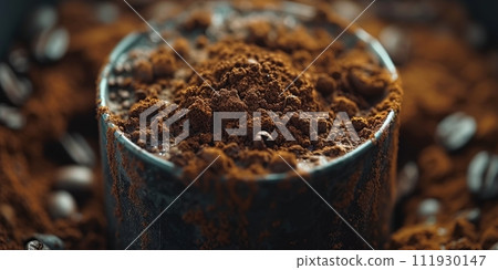 AI-generated content. Roasted coffee beans and ground coffee on dark background. Copy space 111930147