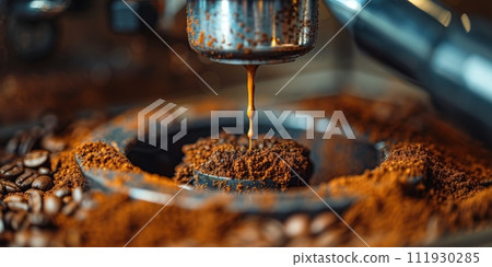 AI-generated content. Roasted coffee beans and ground coffee on dark background. Copy space 111930285