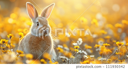 AI-generated content. art Little Easter bunny and Easter eggs on grass. AI-generated content. art Little Easter bunny and Easter eggs on grass. 111930342