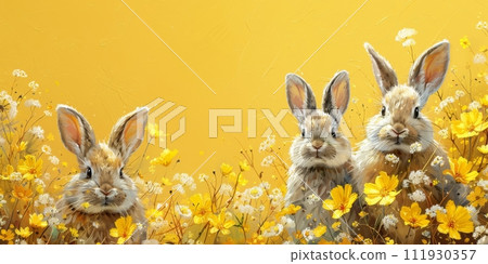 AI-generated content. art Little Easter bunny and Easter eggs on grass. 111930357