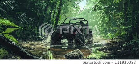 AI-generated content. A buggy rides at through the jungle. Extreme. Splashes, dirt, branches, stones. Off-road racing. Auto-sport. Generative ai. Jungle. Sport 111930358
