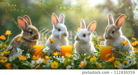 AI-generated content. art Little Easter bunny and Easter eggs on grass. 111930359