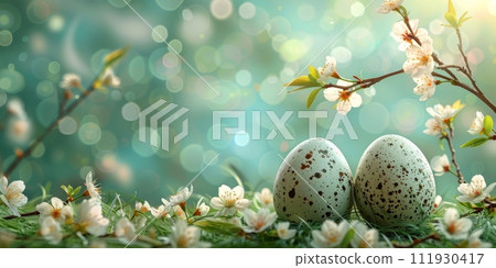 AI-generated content. art Little Easter bunny and Easter eggs on grass. 111930417