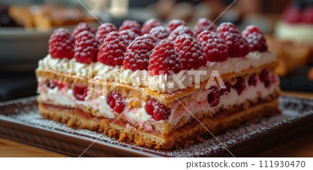 AI-generated content. Closeup of halved Mexican torta sandwich with toasted bun and jalapeno pepper on plate over colorful tablecloth 111930470