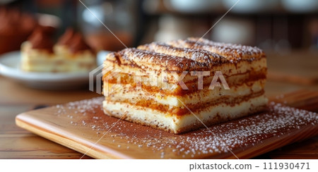 AI-generated content. Closeup of halved Mexican torta sandwich with toasted bun and jalapeno pepper on plate over colorful tablecloth 111930471