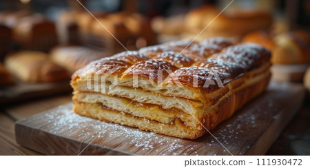 AI-generated content. Closeup of halved Mexican torta sandwich with toasted bun and jalapeno pepper on plate over colorful tablecloth 111930472