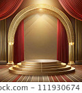 Presentation stage with red curtains 111930674