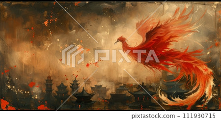 AI-generated content. Great Chinese paint wall of Phoenix art paint. Chinese wall paper. 111930715