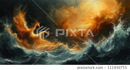 AI-generated content. Great Chinese paint wall of Phoenix art paint. Chinese wall paper. 111930755