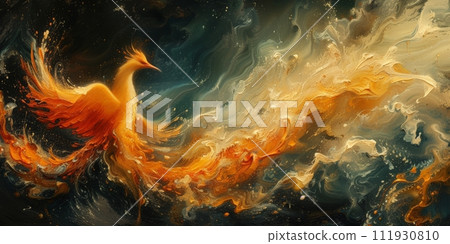 AI-generated content. Great Chinese paint wall of Phoenix art paint. Chinese wall paper. 111930810