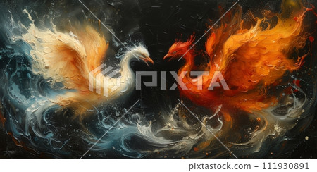 AI-generated content. Great Chinese paint wall of Phoenix art paint. Chinese wall paper. 111930891