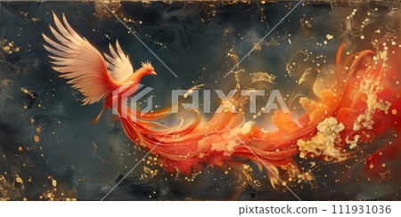 AI-generated content. Great Chinese paint wall of Phoenix art paint. Chinese wall paper. 111931036
